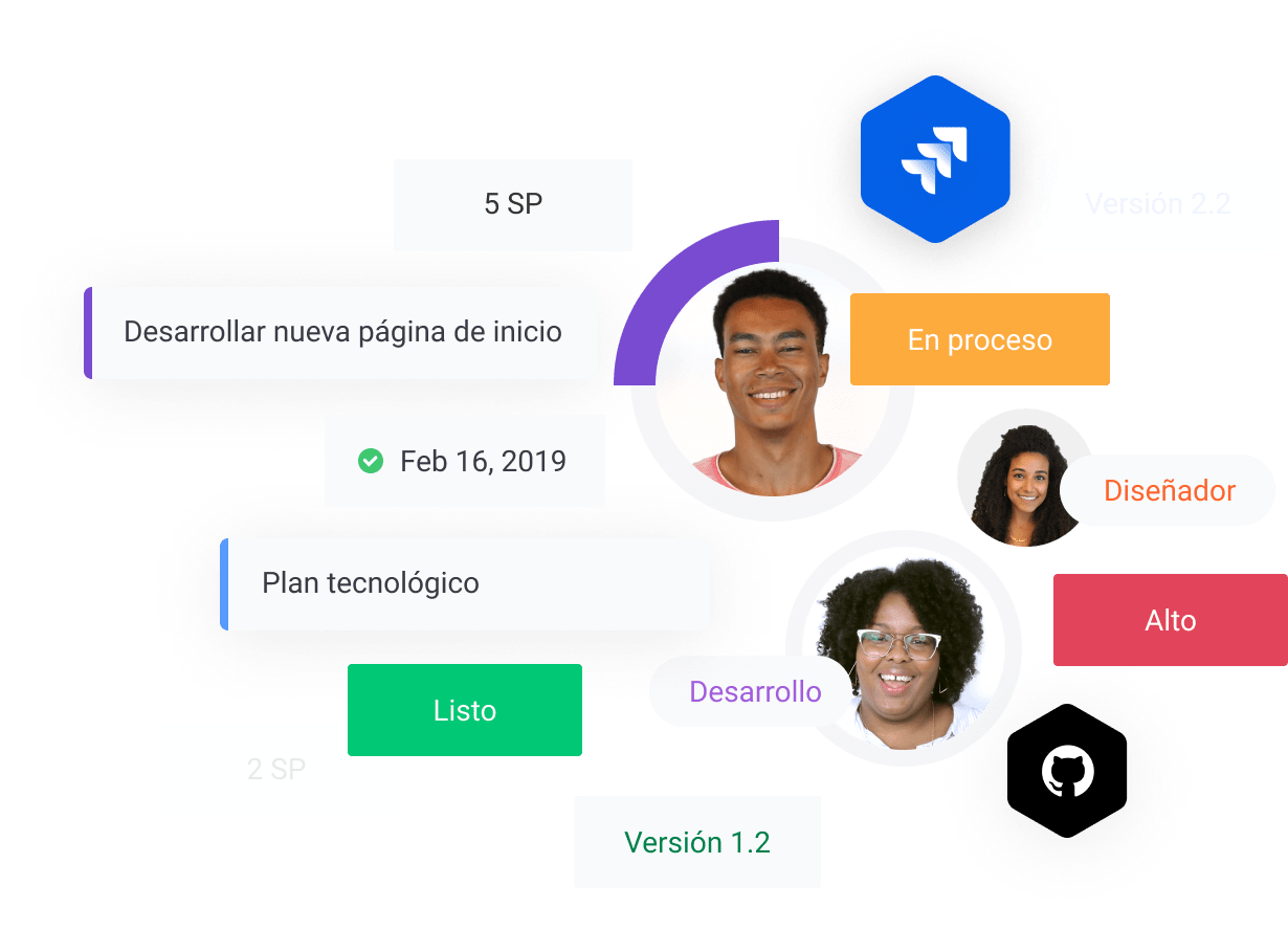 Fotos de personas con elementos para el desarrollo de software alrededor